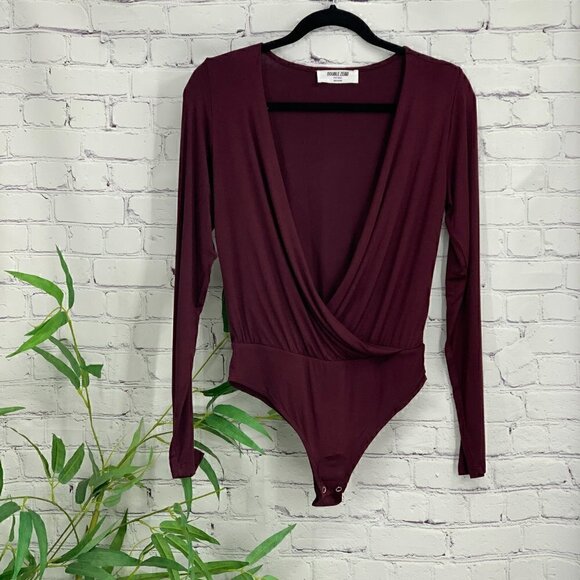 Double Zero Tops - Double Zero Maroon V-Neck Long Sleeve Bodysuit